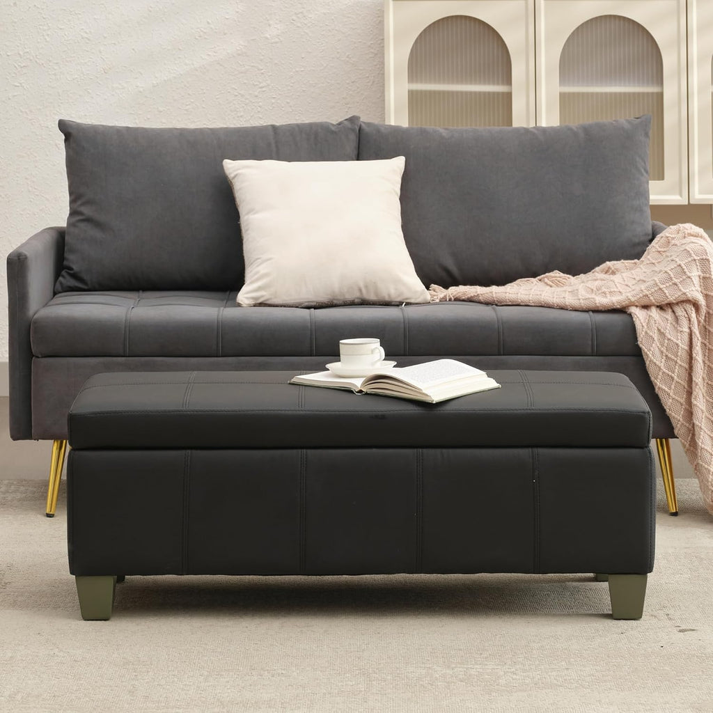 41" Storage Ottoman, Storage Bench with Safety Hinge, Upholstered Synthetic Leather Ottoman Bench , Foot Rest