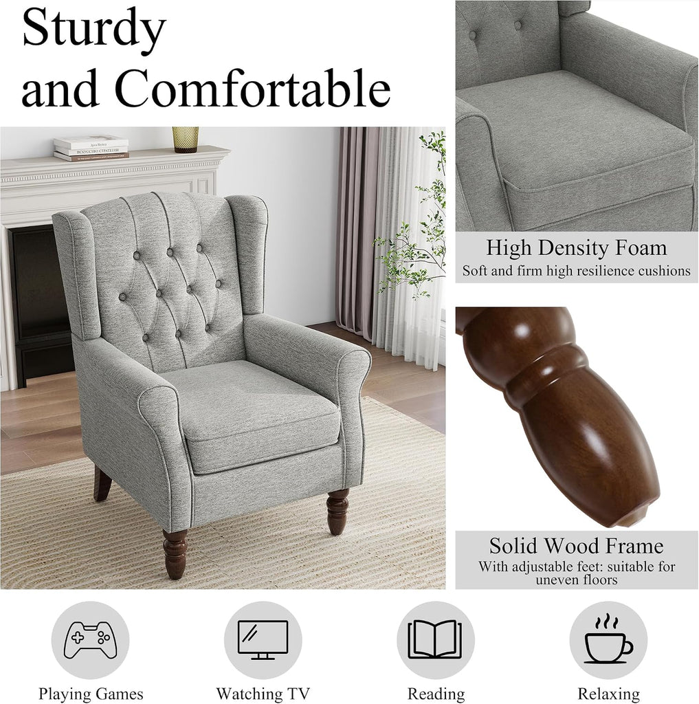 High Back Floral Accent Chair - Retro Wingback Upholstered Armchair with Nailhead Trim, Solid Wood Legs, Fabric