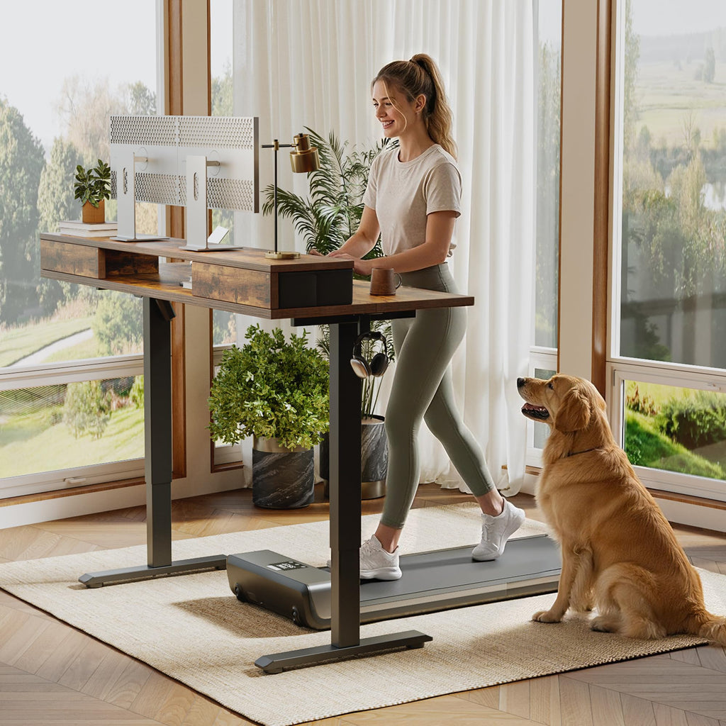Electric Standing Desk with Drawers & Shelf, 48*24", Rustic Brown