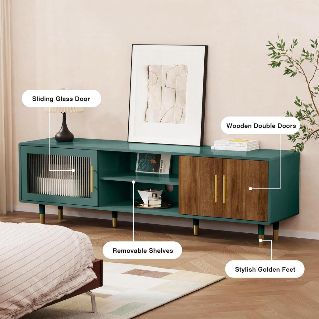 TV Stand with Glass Sliding Door, 66” Mid Century Modern TV Cabinet for TVs up to 75 inch, Entertainment Center with Storage Cabinet, Television Console for Living Room, Bedroom, Green