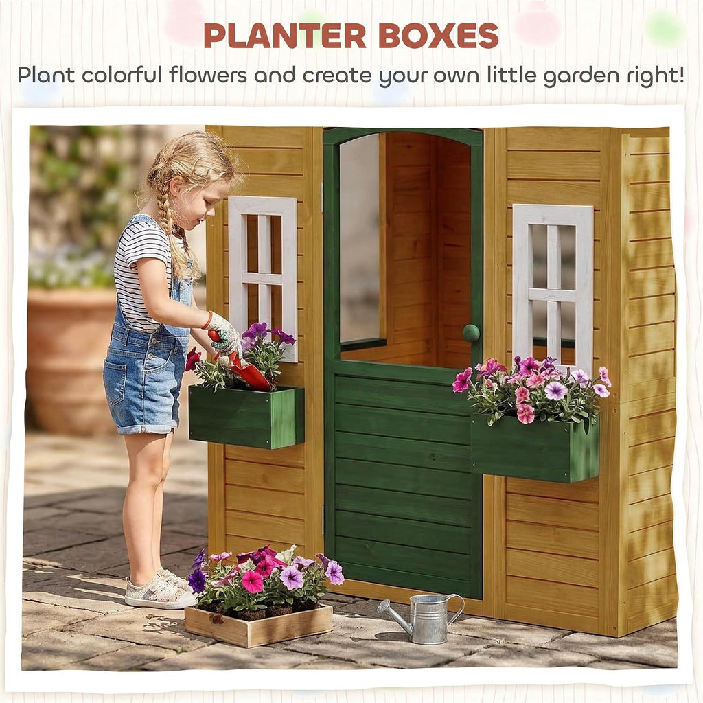 Outdoor Playhouse Wooden Kids Playhouse Functional Door Ages 3-8 Brown | Three Windows, Two Flower Boxes, Kids