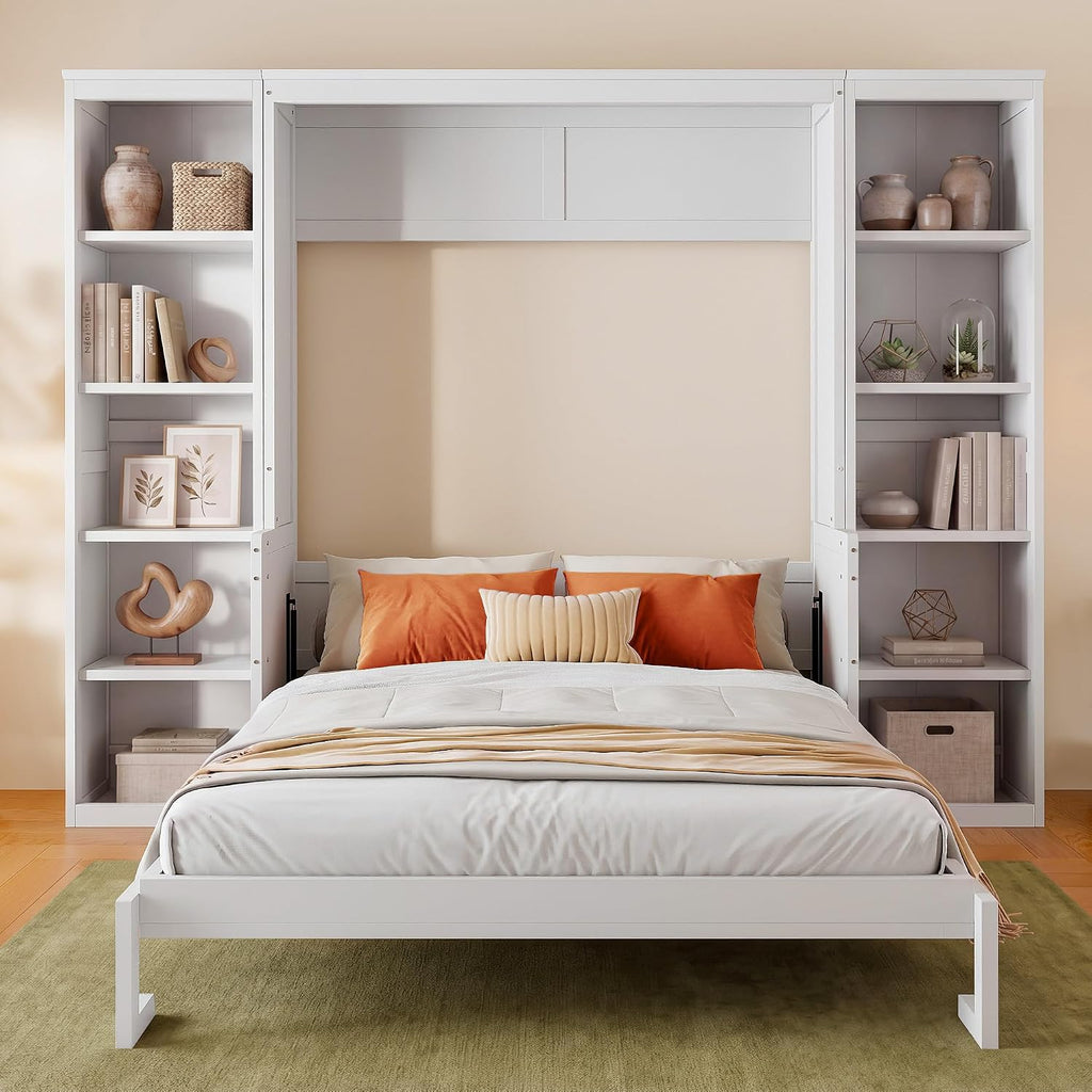 Murphy Bed Queen with Small Desk and Bookcase, Vertical Murphy Wall Bed Cabinet Desk and Bookshelf Storage Combo