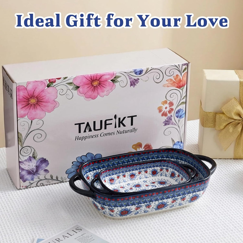 Ceramic Casserole Dishes for Oven, Hand-painted Polish Pottery Dish Set of 2, 0.8QT / 2QT Porcelain Casserole Dishes