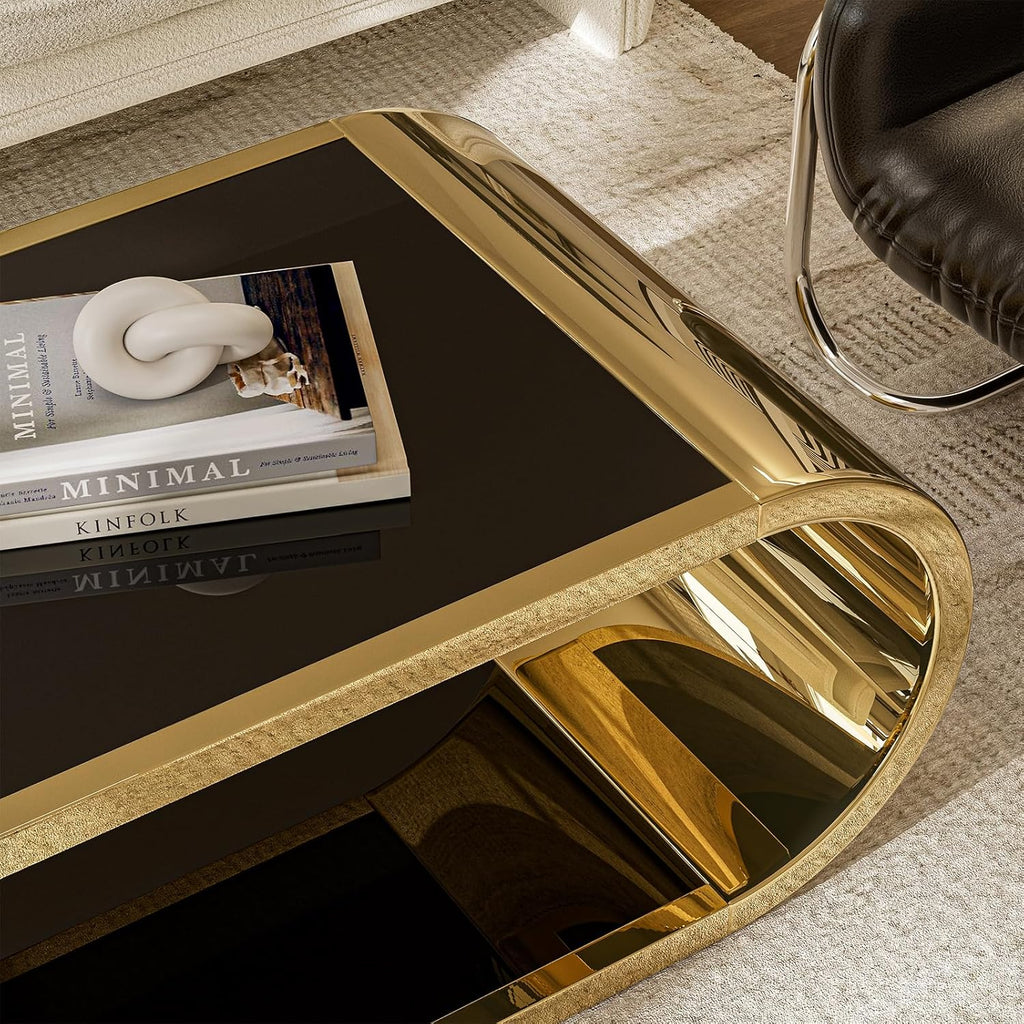 Gold Stainless with Glass Coffee Table, Modern Coffee Table, 2-Tier Glass Top with Large Space Fashion Design