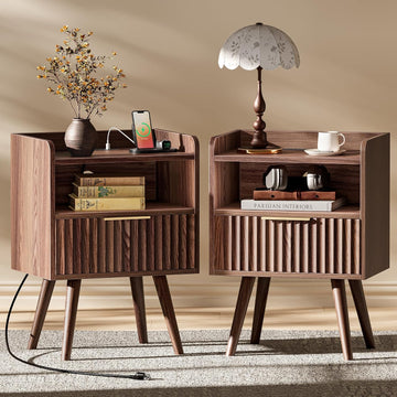 Nightstand with Charging Station, USB-C Port, Fluted Night Stand Set of 2, Bed Side Table with Drawer, Solid Wood
