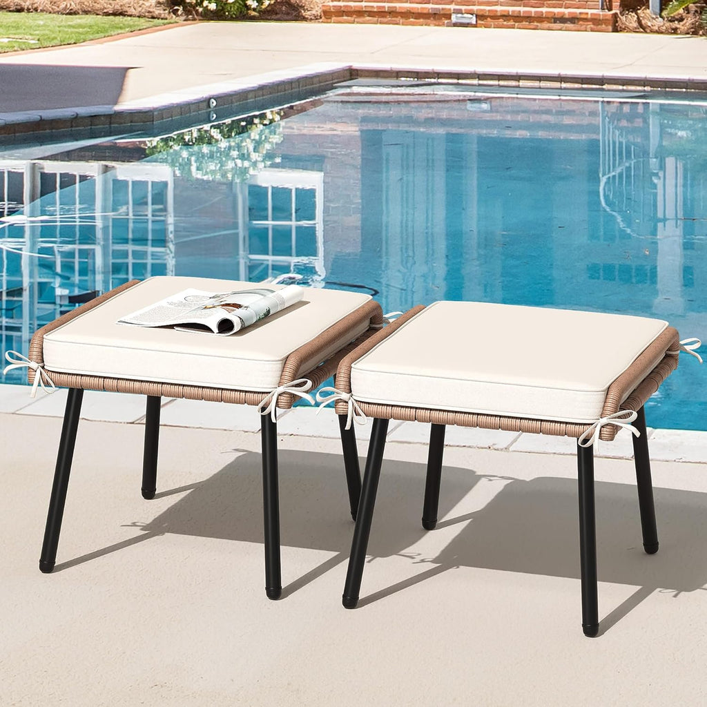 2-Piece Outdoor Wicker Ottoman, All-Weather Patio Rattan Foot Rest with Cushions - Beige