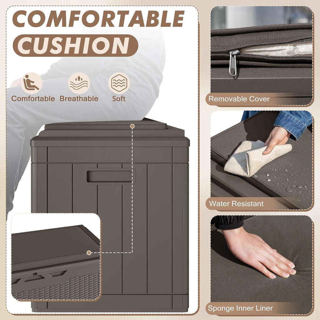 100 Gallon Deck Box Waterproof Outdoor Storage Box with Cushion | Resin Large Outdoor Storage Bench Cabinet Lockable