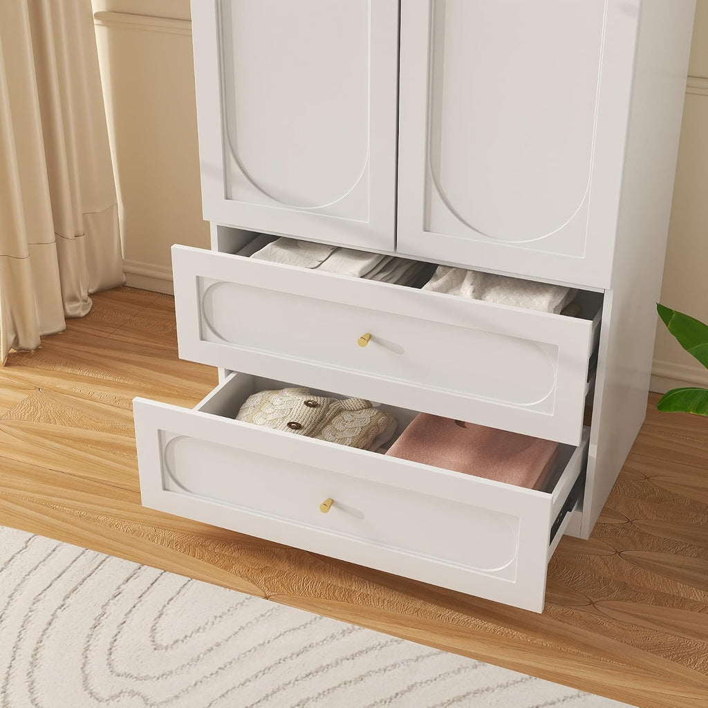 Wooden Wardrobe Closet with Doors: 75" Tall White Armoire Wardrobe Closet with 2 Drawers and 2 Doors, Modern Clothes