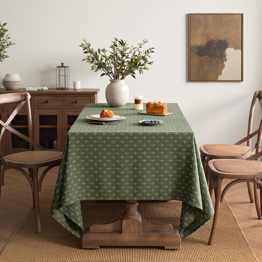 Olive Green Linen Table Cloth Rectangle Tablecloth Waterproof Spring Spillproof Cross-Star Textured 