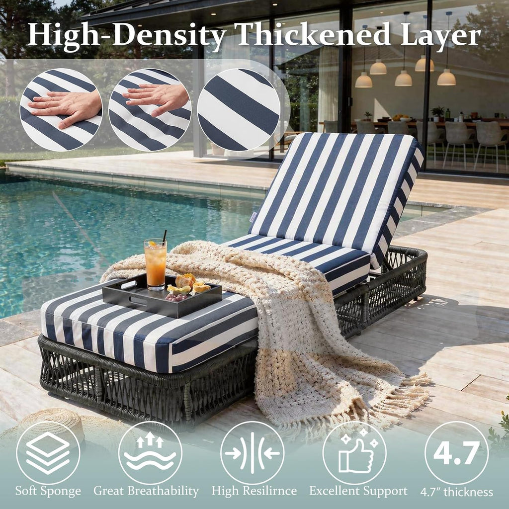 Outdoor Chaise Lounge Chair, 6-Pos Recliner, 2-Pack, Gray/Stripe Blue | 6 Adjustable Backrest Pool Lounge Chair