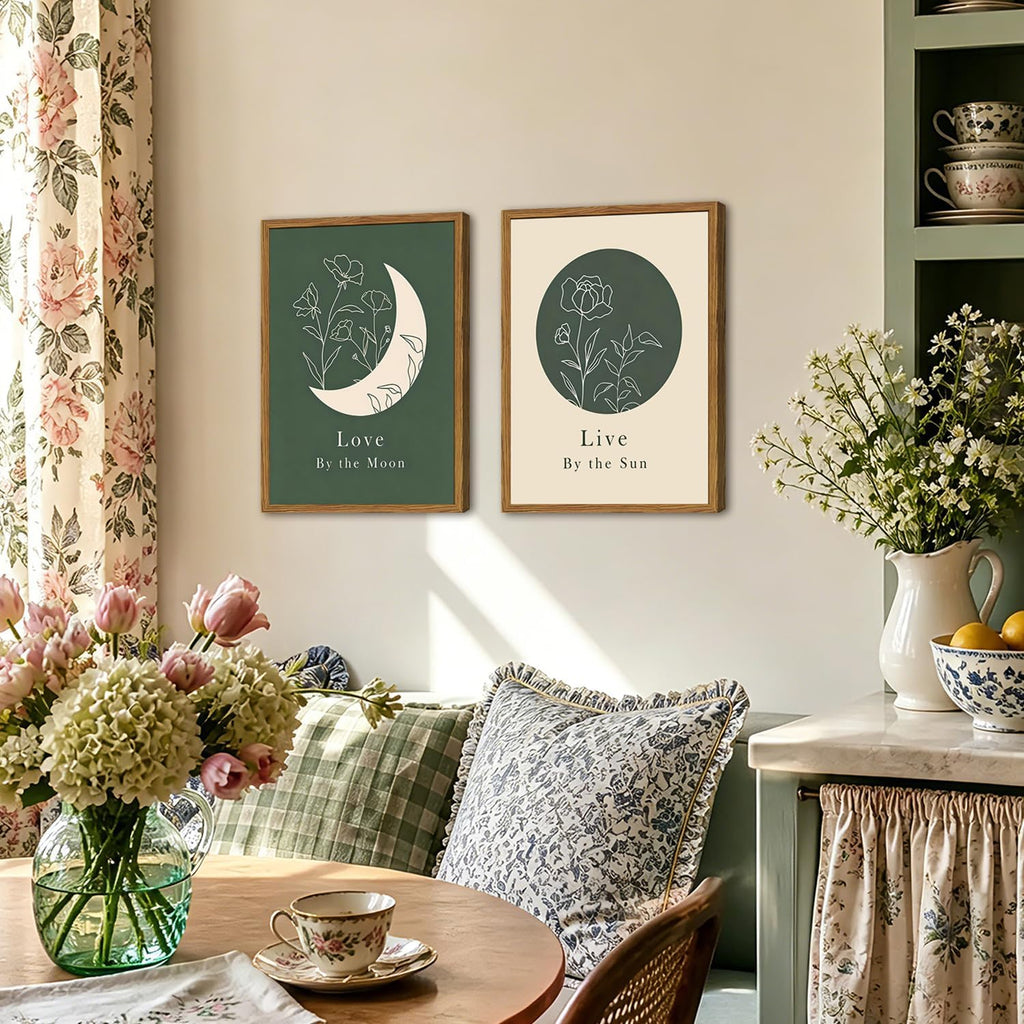 Framed Boho Sun and Moon Wall Art Set of 2, Sage Green Floral Line Pictures Wall Decor, Minimalist Quotes Paintings