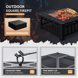 Multifunctional Patio Fire Pit Table, 32in Square Metal BBQ Firepit Stove Backyard Garden Fireplace with Spark Screen Lid and Rain Cover for Camping - Image 5
