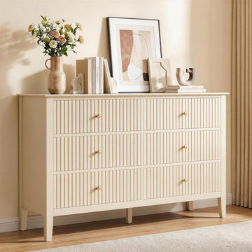 Beige 6 Drawer Dresser, Fluted Modern Wood Chest of Drawers, Long Dresser TV Stand Storage Cabinet