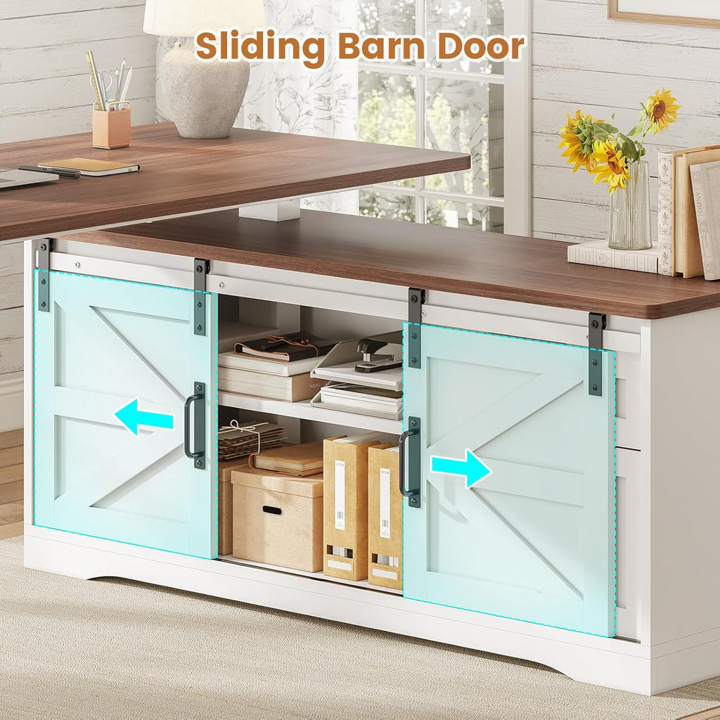Farmhouse L Shaped Standing Desk, 55 inch Height Adjustable Corner Desk with Storage Drawers