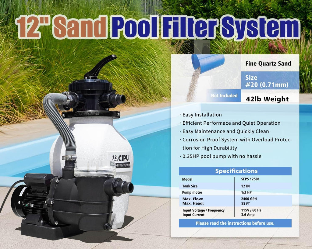 12-inch Sand Filter Pump System Handy 4-Way Valve for Above Ground Swimming Pools with Prefilter Pool Pump 115V