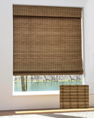 Cordless Bamboo Roman Shades, in, Highfield Teak| Wide Bamboo Strip Weaving Technique, High light-blocking