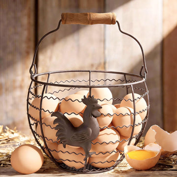 Wire Egg Basket for Gathering Fresh Eggs, Rustic with Rooster & Wood Handle