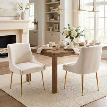 Cream Velvet Dining Chairs Gold Legs, Armless Upholstered Dining Room Chair | Set of 2 Padded Accent Chair with Wing