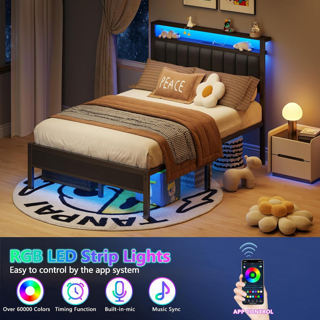 Full Bed Frame with Charging Station and LED Lights, Platform Bed with Metal Slats