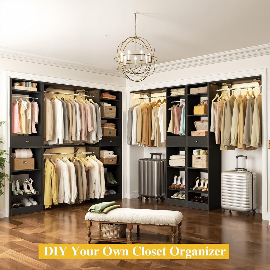 10-15FT Closet Systems, Large Wood Walk in Closet Organizer with Hanging Rods and Drawers, Heavy Duty Closets