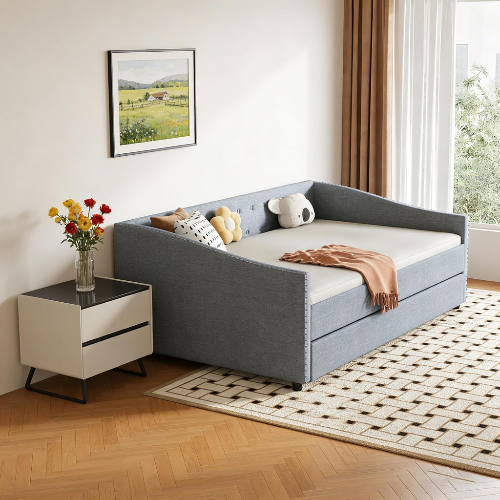 Full Size Upholstered Daybed with Trundle | Twin Size Trundle,Button-Tufted Back, Piping on Waved-Shape Arms, Solid