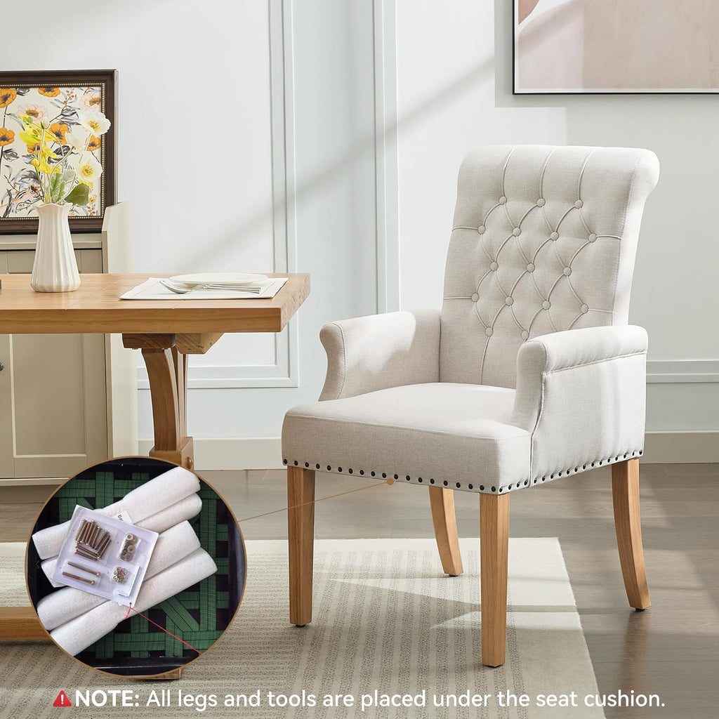 Fabric Dining Chair with Arms, Upholstered Tufted High Back Dining Room Chairs, Accent Armchair with Solid Wood Leg