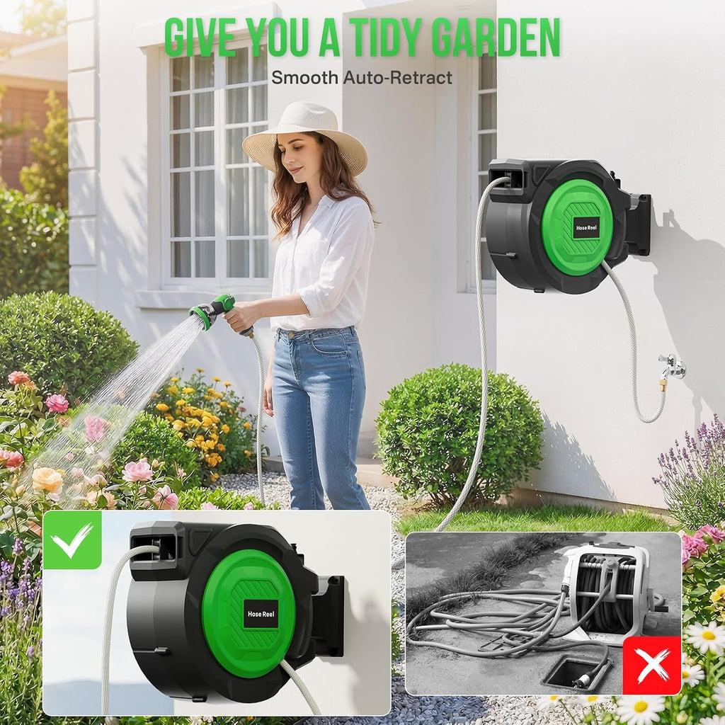 Retractable Garden Hose Reel, 1/2 in x 100 ft Automatic Slow Rewind System & Any Length Lock, Heavy Duty Wall-Mounted
