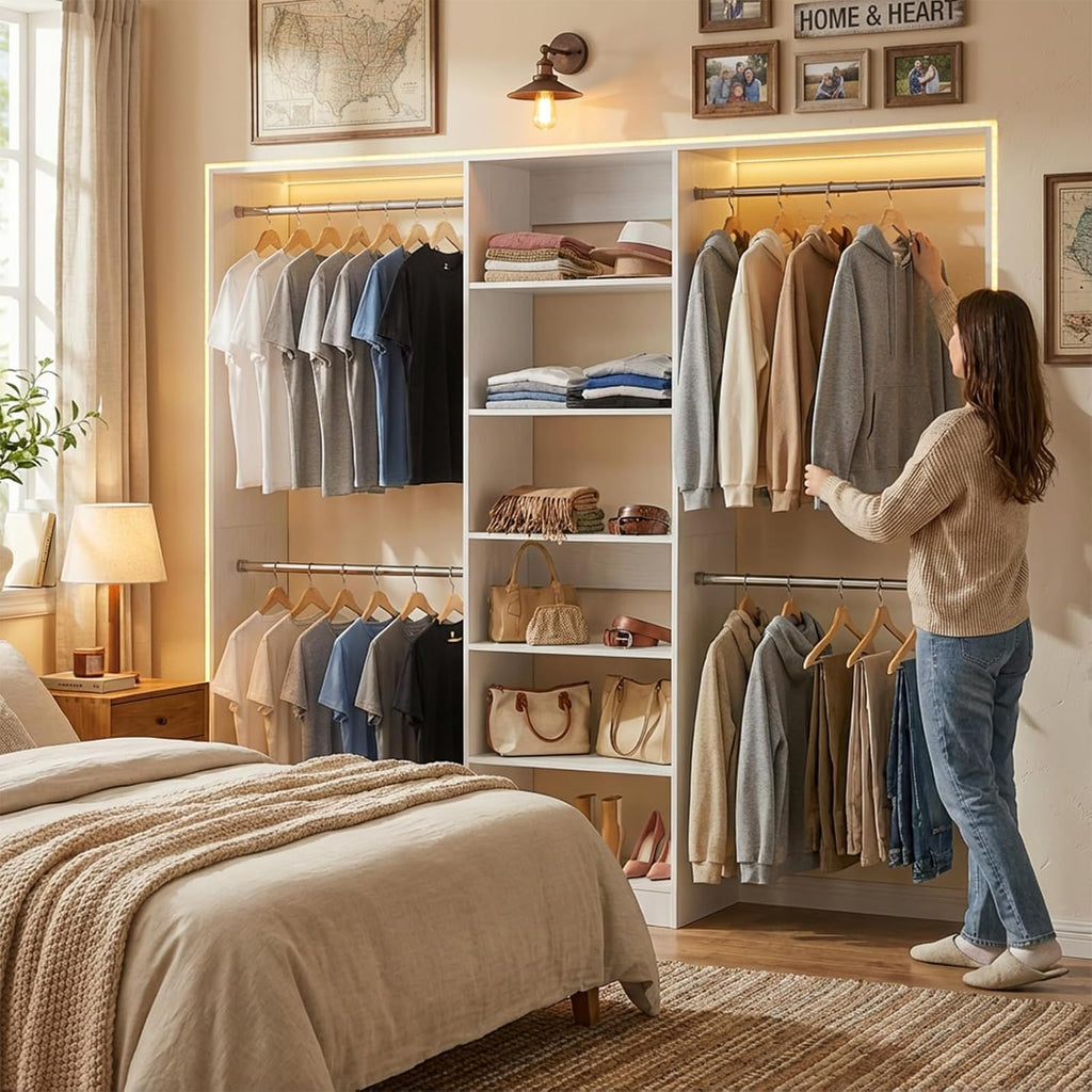 Closet System, 4.5-11.5 Ft Expandable Closet Organizer, White | 5 Hanging Rods, Walk-in Wood Closet Organizer System