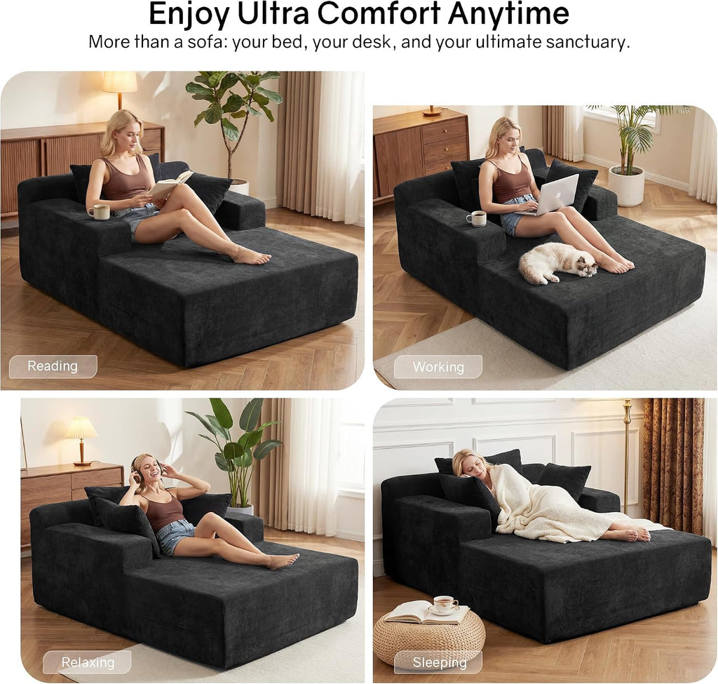 66" Chaise Lounge Chair Indoor, Oversized Boneless Lounge Chair with 3 Pillows, Cloud Reading Chair Bedroom, Deep