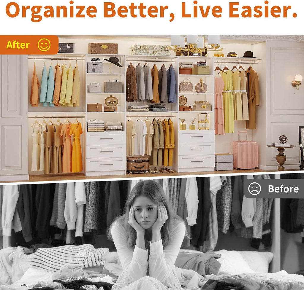 Closet System with 6 Drawers, 6-12.3FT Closet Organizer System Wood with 8 Shelves & 6 Expandable Hanging Rods