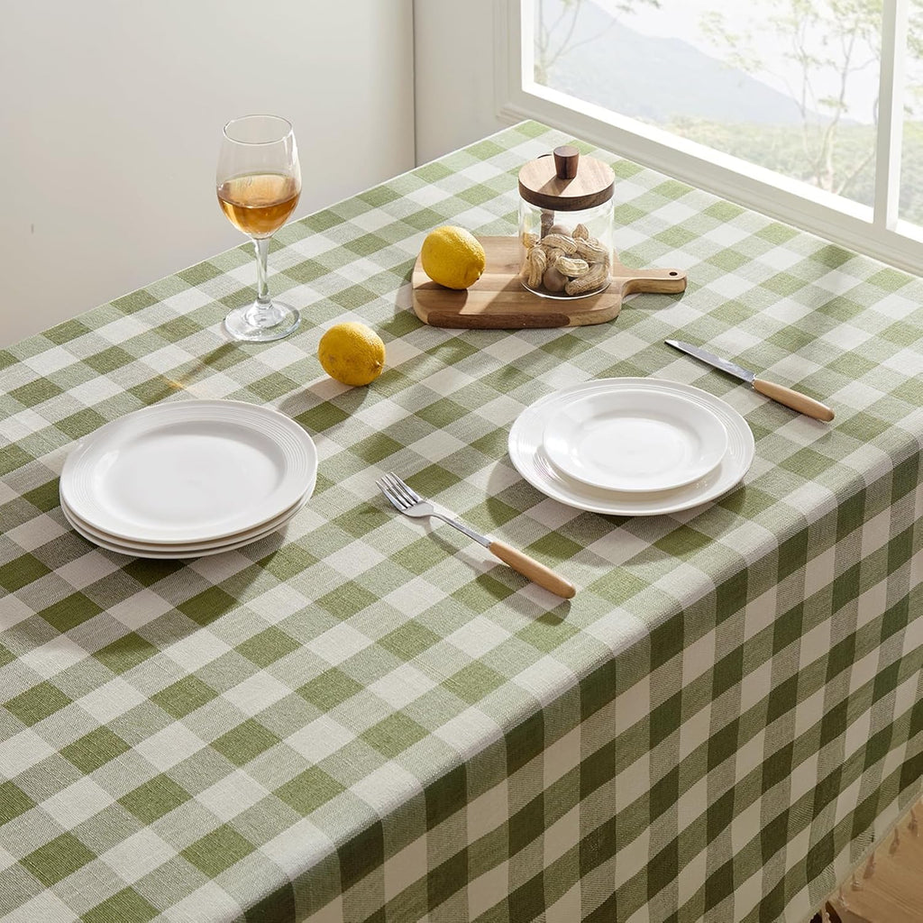 Outdoor Checkered Tablecloth, Linen Cotton Gingham Table Cloths for 6 Foot Rectangle Tables with Tas