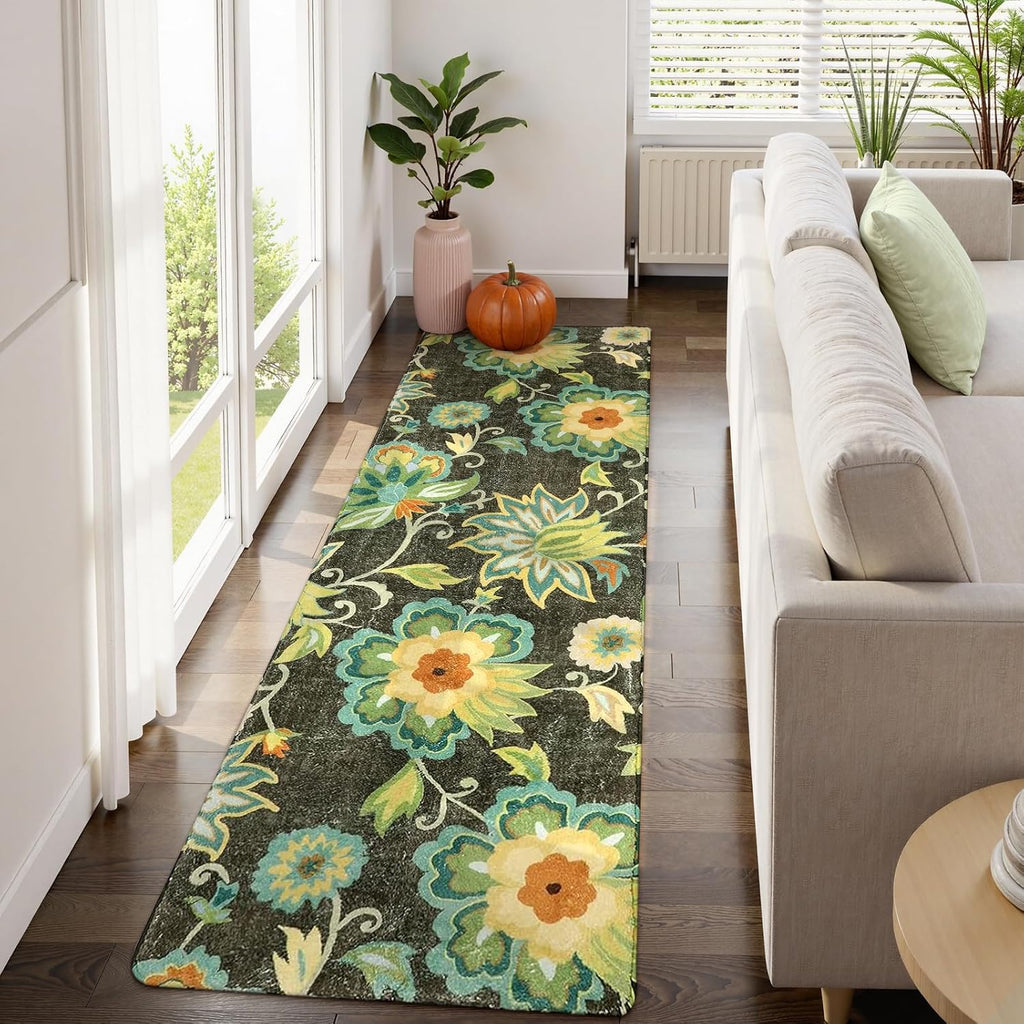 Floral Kitchen Runner Rug- 2x8 Runners for Hallways Non-Slip Washable Rug Runner Throw Low-Pile Entryway Laundry