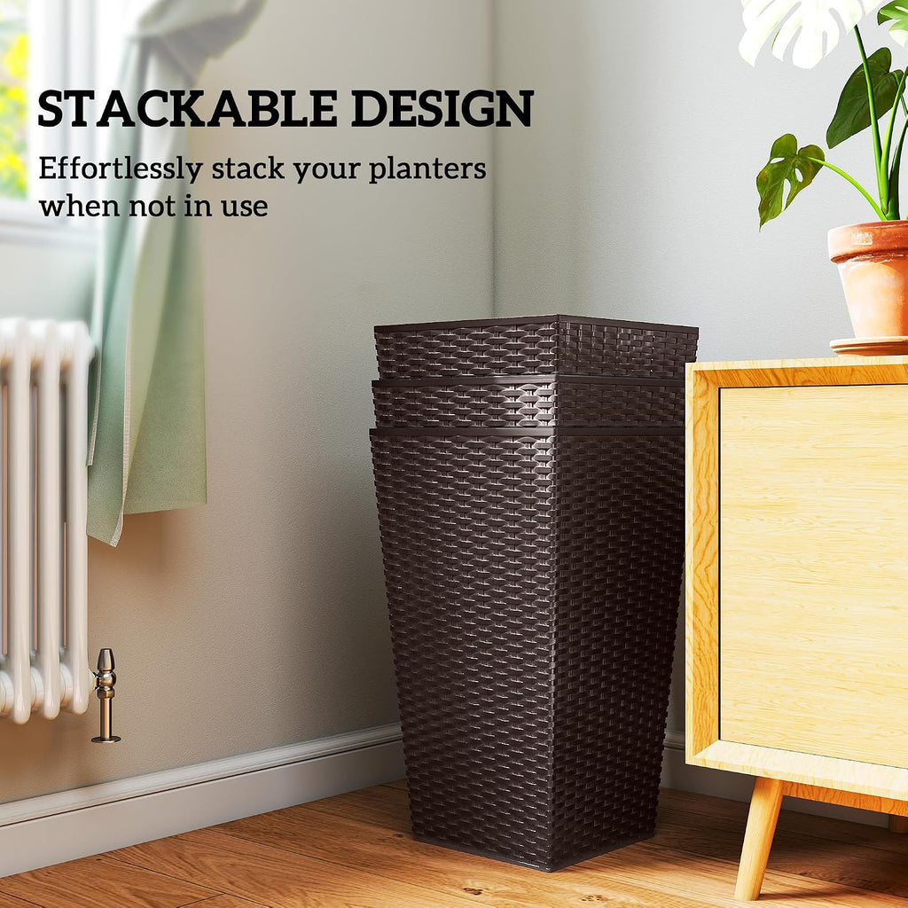 24 in Taper Tall Planters for Outdoor Plants Set of 3, Brown | with Drainage Holes, Rattan Decor Plant Pots, Indoor