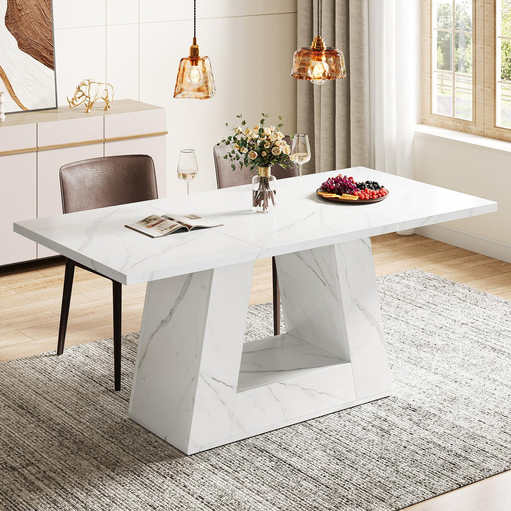 Dining Table for 4 to 6 People, 63" Rectangular Dining Room Table, Modern Wooden Faux Marble Dinner Table with Sturdy