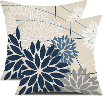 Blue and Gray Floral Pillow Covers 18x18 Set of 2 Outdoor Waterproof White Colored Decorative Throw Pillows Summer