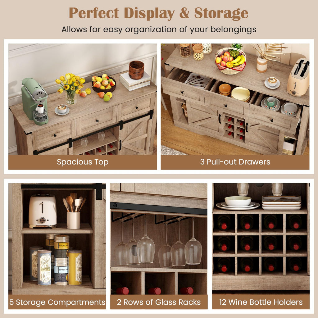 Wine Bar Cabinet with LED Lights, 52" Buffet Sideboard w/Sliding Barn Door, 3 Drawer, Adjustable Shelf, 12 Bottle