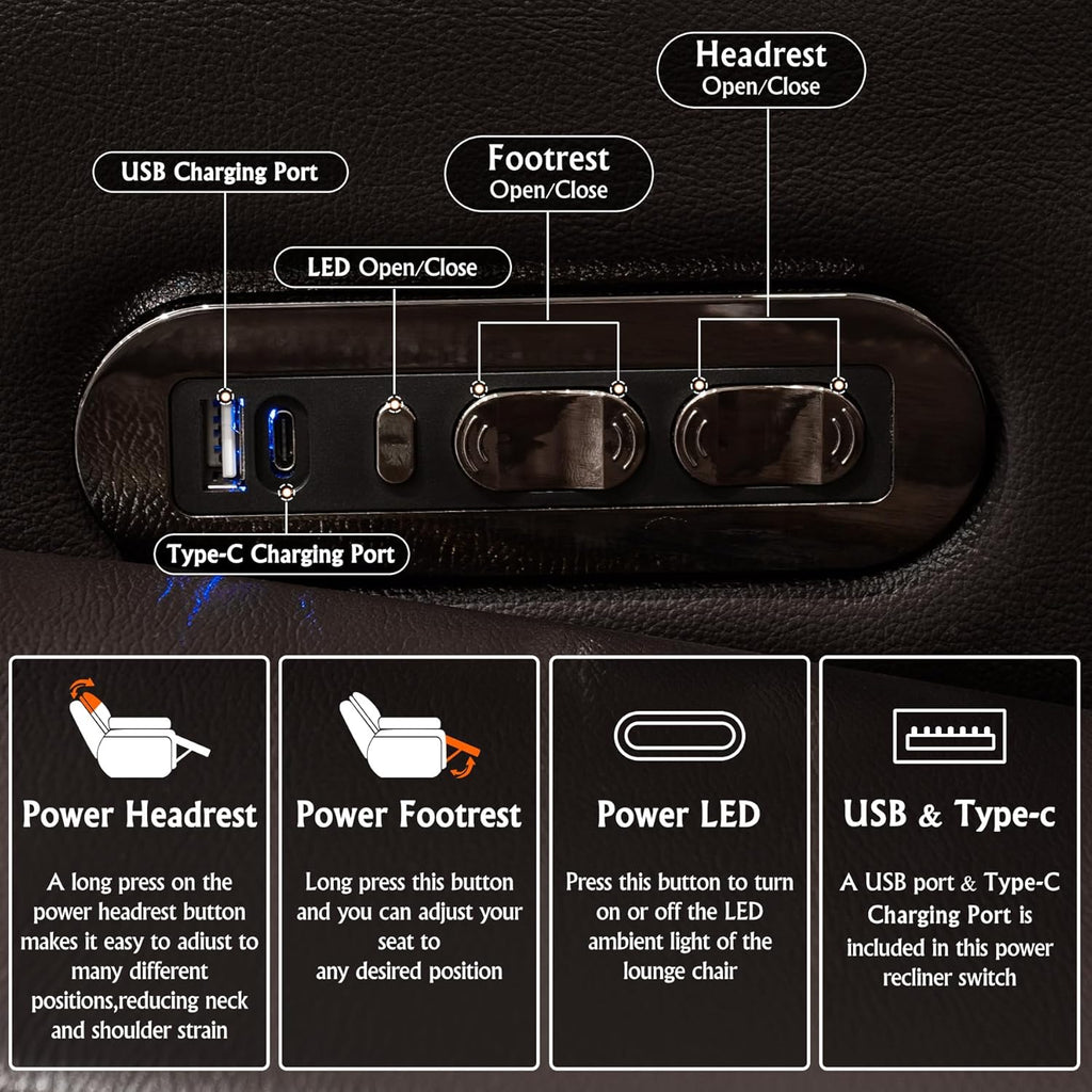 Home Theater Seating,Top-Grain Leather Recliner Sofa, Zero Gravity Power Reclining Couch with Ambient LED Lights