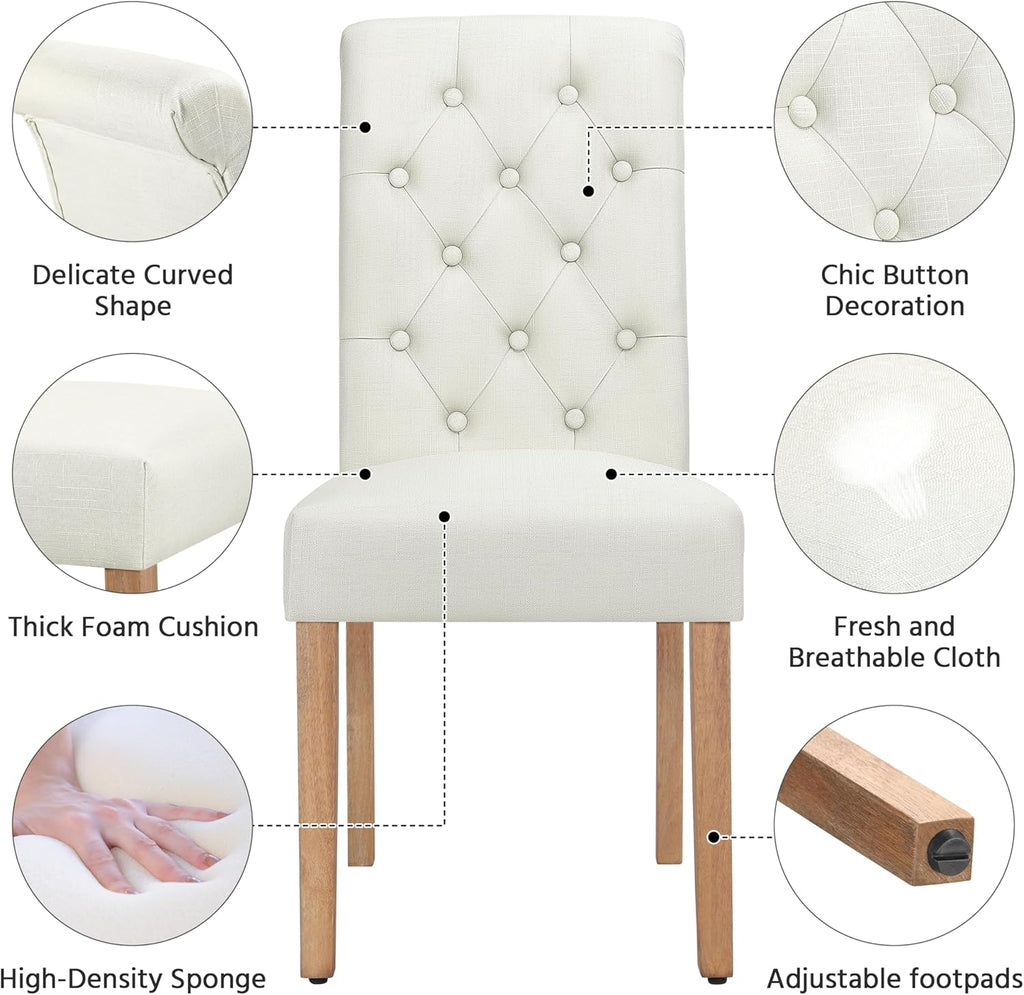 Dining Chairs Set of 2 Fabric Upholstered Dining Room Chairs with Button Tufted High Back and Solid Wood Legs