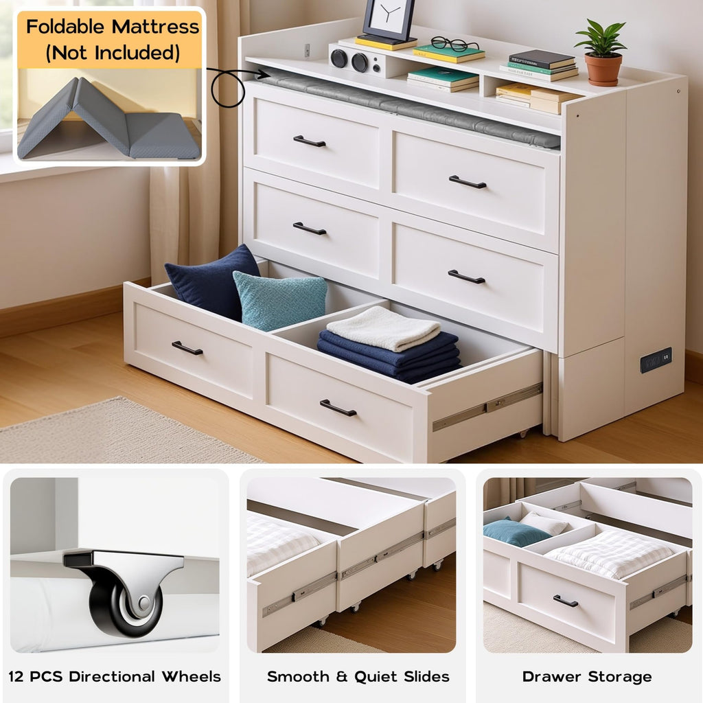 Murphy Bed with Storage & Charging Station, Queen Size Murphy Cabinet Bed Hideaway Bed with Motion Sensor Lights