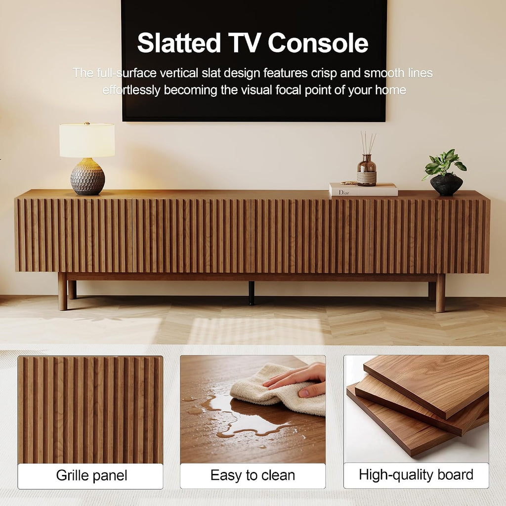 Mid Century Modern TV Stand for 85 Inch TV, Fluted Walnut TV Console with Storage, 4 Doors Media Console