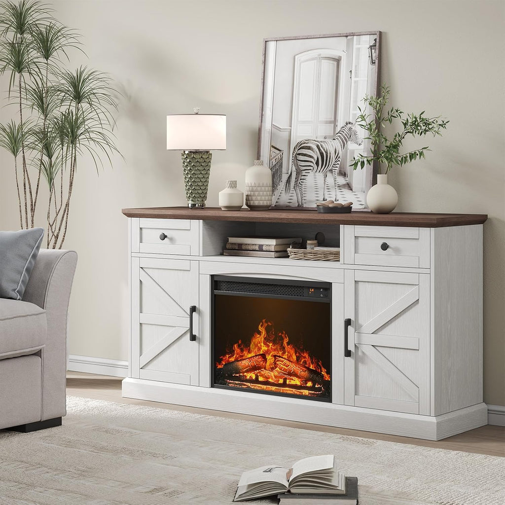 Farmhouse Fireplace TV Stand with 23 Inch Electric Fireplace, Entertainment Center for TVs up to 70 Inches, Media Console with Drawers, Antique White