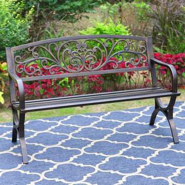 50 Inches Outdoor Garden Bench Cast Iron Metal Frame Floral Bronze | E-Coating Anti-Rust Finish, Weatherproof Outdoor
