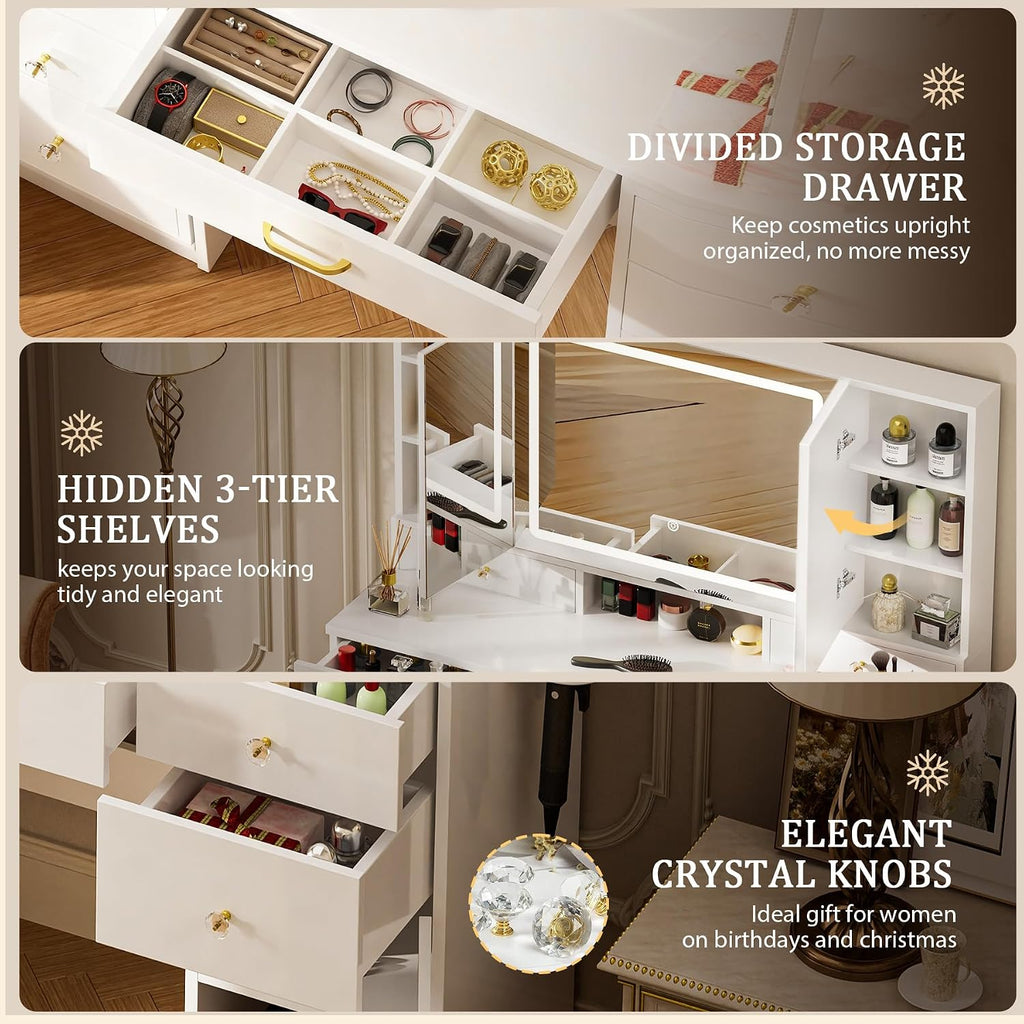 Vanity Desk with 3 Way Mirror and Lights, Large Makeup Vanity Table Set with Charging Station, 3 Lighting Modes &