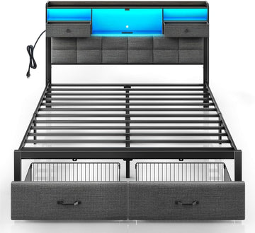 Bed Frame Full with Drawers and Charging Station, Upholstered Platform Bed with Storage Headboard and LED Light