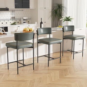 Bar Stools Set of 3, Faux Leather Counter Height Barstools with Curved Back, 25 Inch Upholstered Bar Chairs