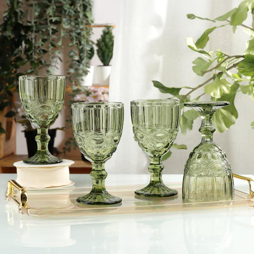 Green Vintage Wine Glasses,Clear Water Goblet Glasses with Embossed Serpentine Pattern,Stemmed Colored Glassware Set