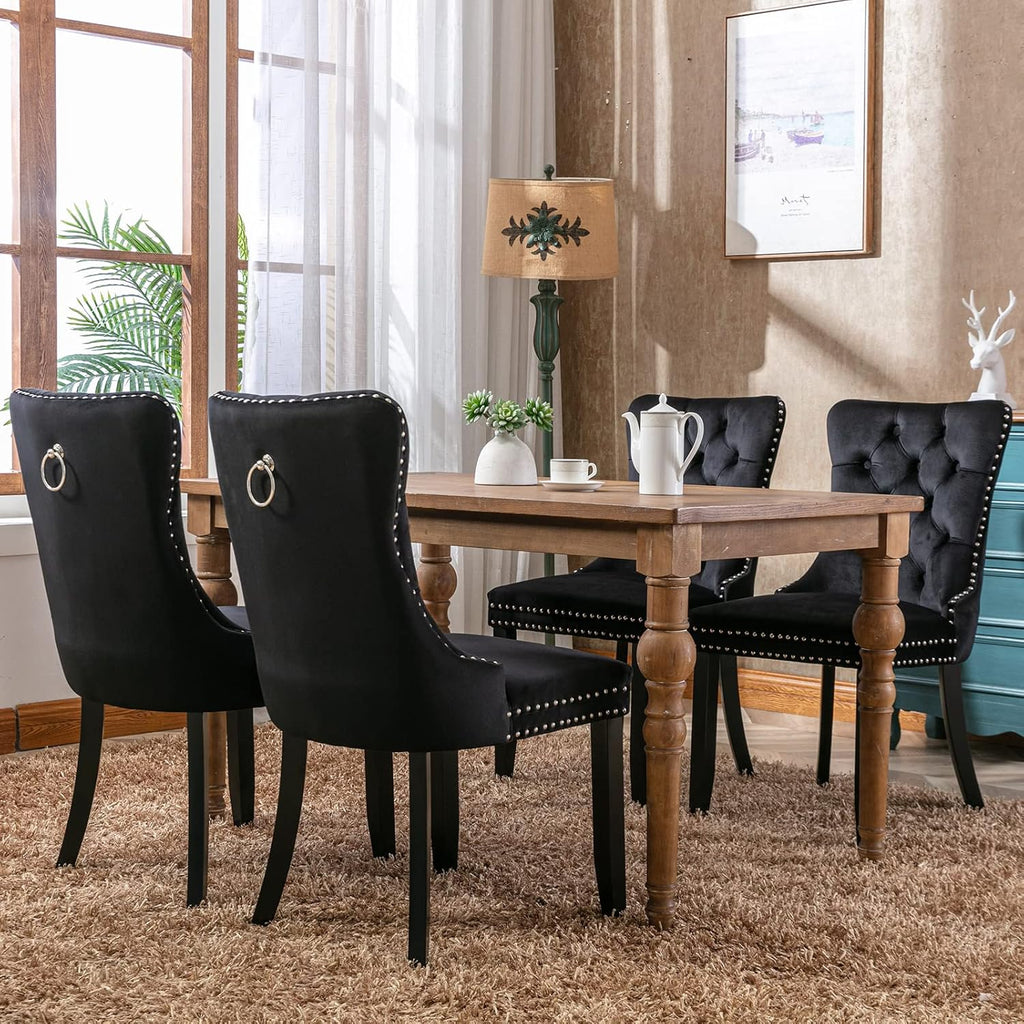 Black Velvet Dining Chairs Set of 4, Kitchen & Dining Room Chairs, Four Fabric Tufted Dinning Chairs
