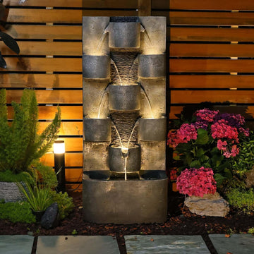 44.8" H Modern Outdoor Water Fountain with LED Lights and Pump, Mutiply-Tier Standing Cascading Waterfall