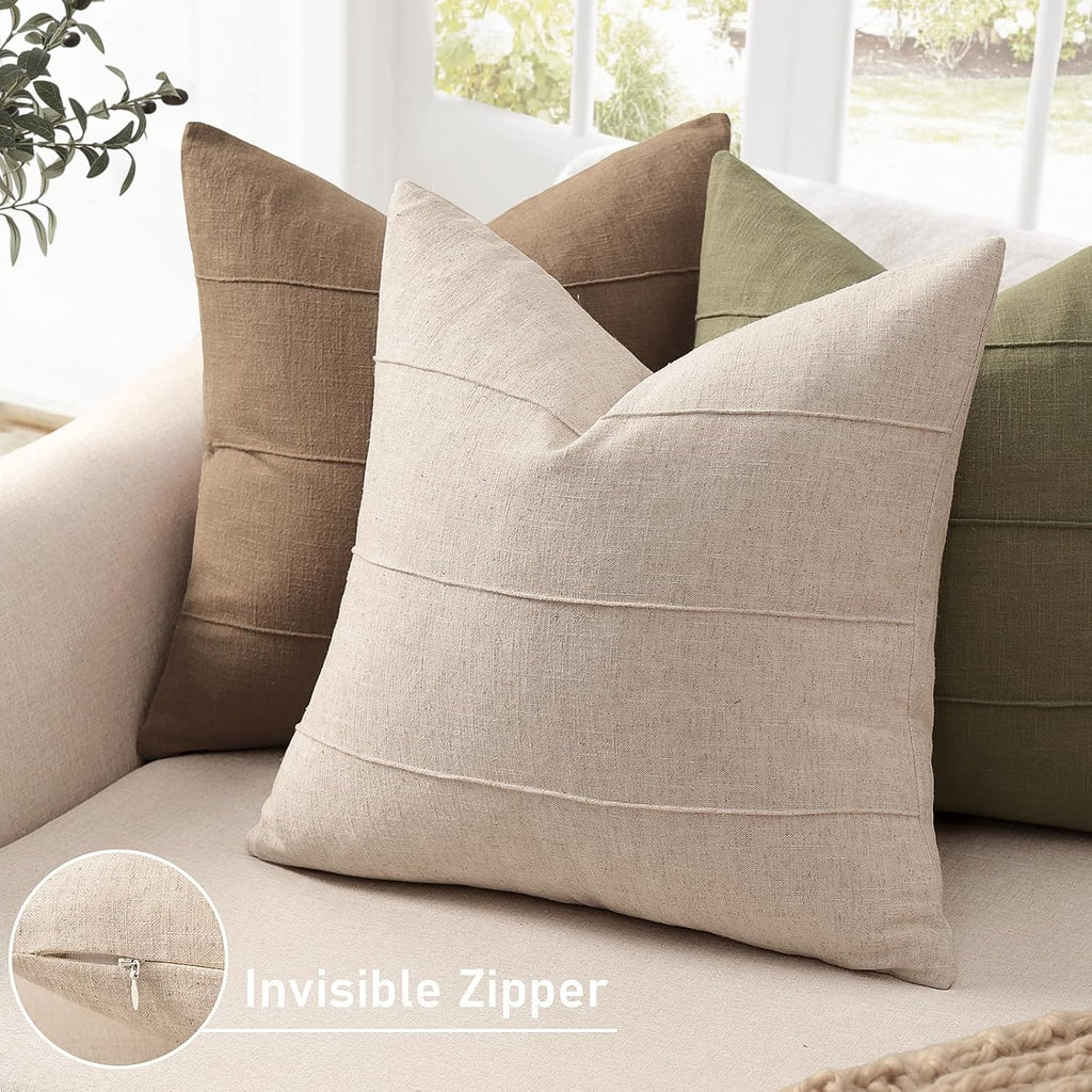 Decorative Linen Throw Pillow Covers 18x18 Set of 2 Solid handcrafted Striped Cushion Covers