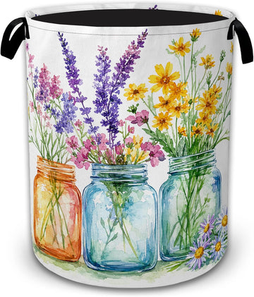 Wildflower Mason Jars Decorative Laundry Hamper, Tall Foldable Oxford Clothes Basket with Handles, Lightweight Dirty
